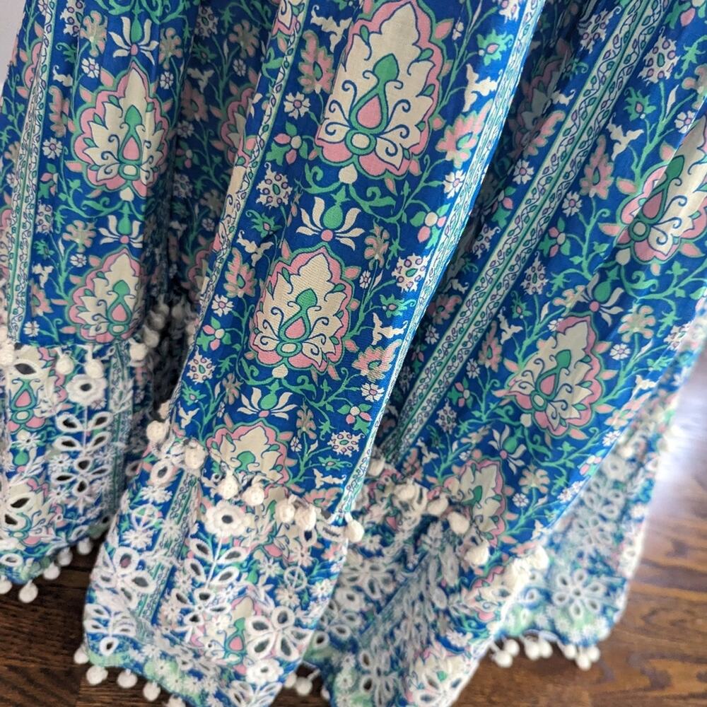 Womens Zara Printed Blue Patterned Maxi Dress Large Smocked Lace Bohemian - Picture 6 of 7